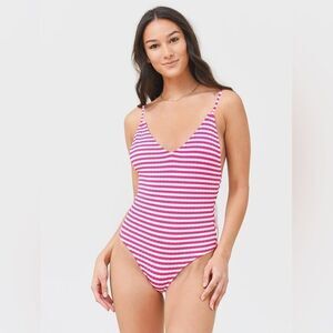 Kate Spade Radiant Pink Ringmaster Stripe V-neck One-piece Size Large Preppy NWT
